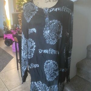 Black Boho Button-Up Tunic with White Sanskrit Print